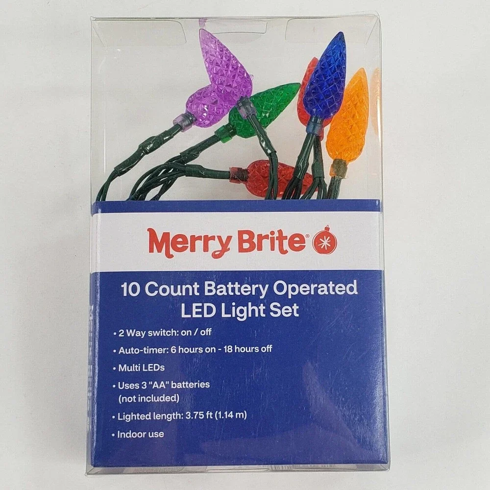 Merry Brite 10ct LED Lights Cone Shape Faceted Multi Clr Battery Operated Timer